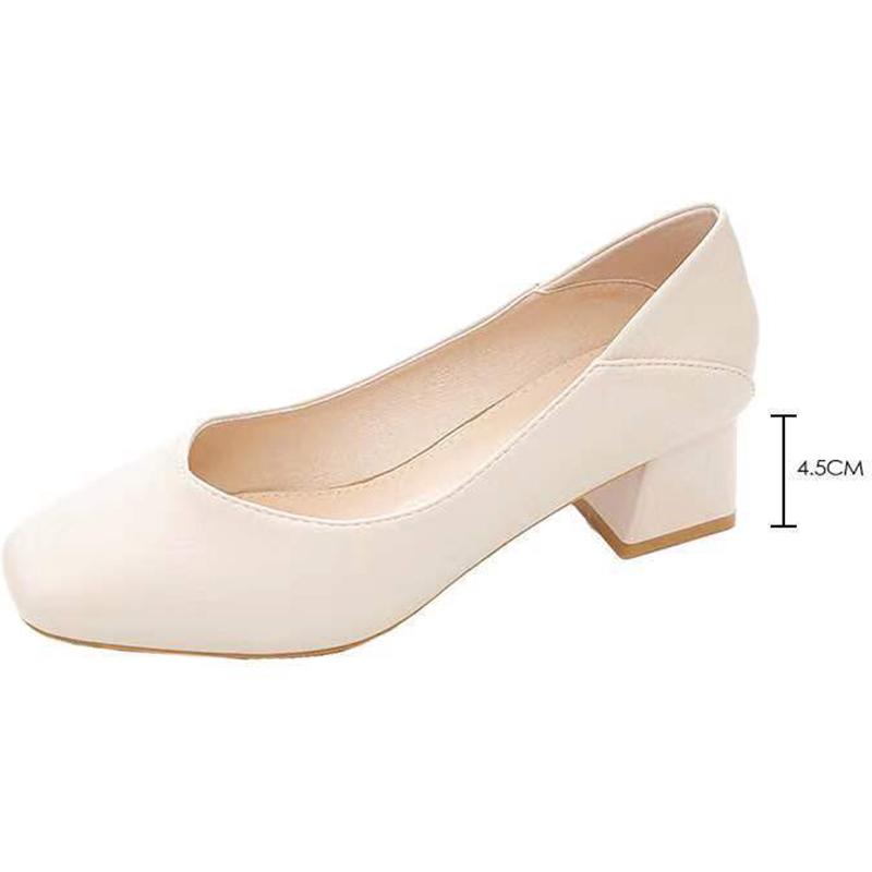 High-heeled Leather Single Shoes Women's Thick-heeled Square-toe Shallow Mouth Work Shoes Soft Leather Slip-on High-heeled Shoes