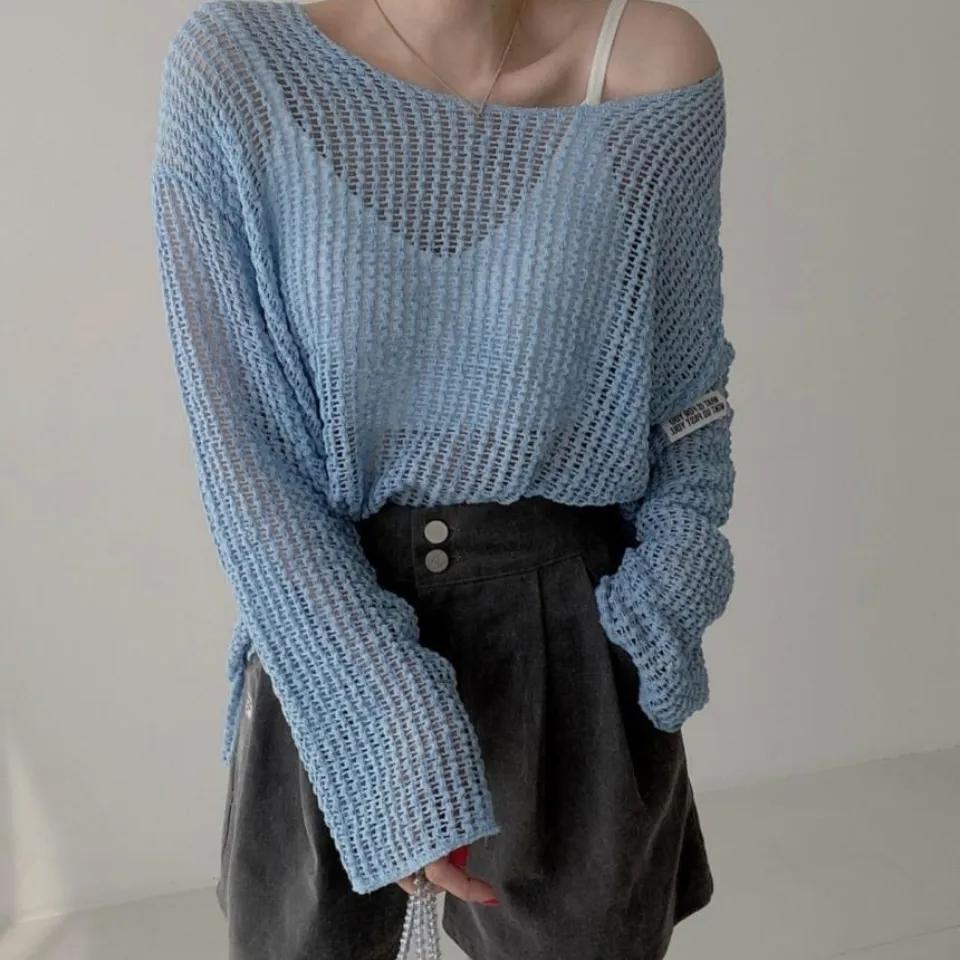 Knit Sweater Blouse Women's Summer Round Neck Pullover Loose Top Thin Hollow Sunscreen Argyle Sweater