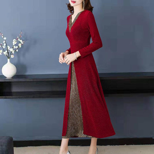 Fake Two Piece Dresses Women Split O-Neck Long Sleeve Irregular Knitted Ruffles Dress