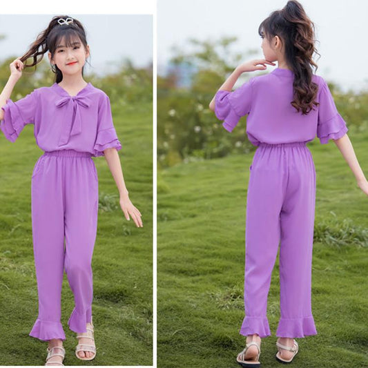 Girls' Set Summer Thin Korean Short Sleeve Pants Two Piece Set Bow Tie Ruffle Loose Suit Casual Wear