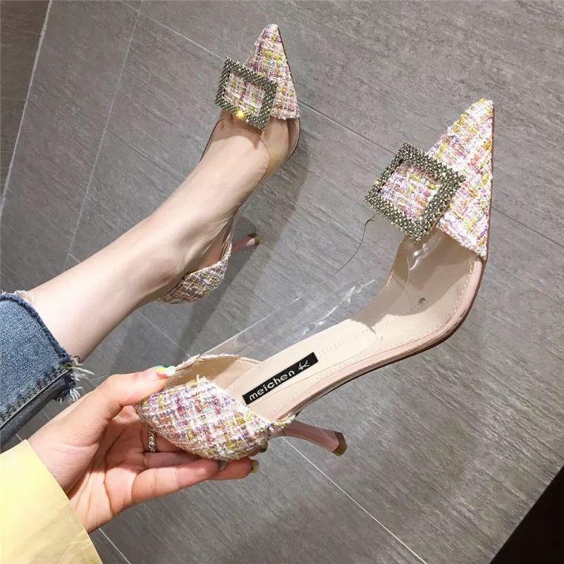 French Girl High Heels Female Stilettos Korean Version of All-match Rhinestone Transparent Pointed Toe Sexy High Heels