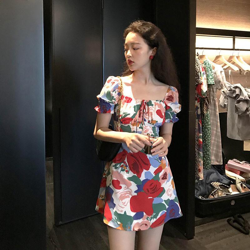 French Retro Floral Dress In Summer with Waist Waist Was Thin Puff Sleeve Skirt Women