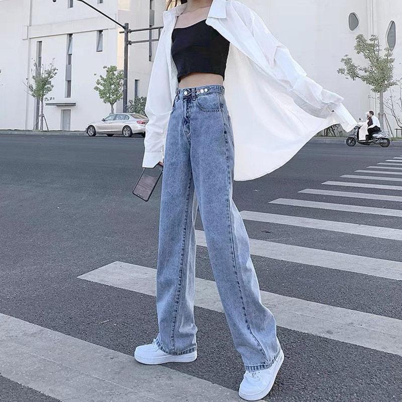 Spring and Autumn High-waisted Jeans Women Korean Style Loose Students Are Thin and Versatile Wide-leg Straight Long Pants