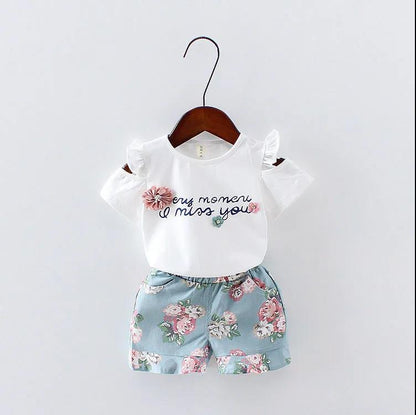 2PCS Children Clothing Set Spring Summer Girls Suits Printing Short Sleeve Tops + Pants Clothing Set