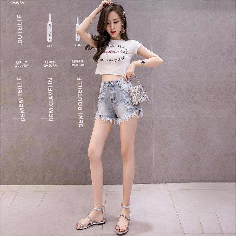 WTEMPO Burrs Pearl Denim Shorts Women Loose Spring and Summer Wide Leg A-line Thin Casual Shorts