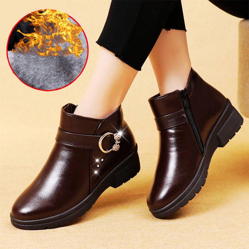 Women's Snow Boots Women Martin Boots Female Plush Leather Shoes Woman Flat Fashion Round Toe Shoes