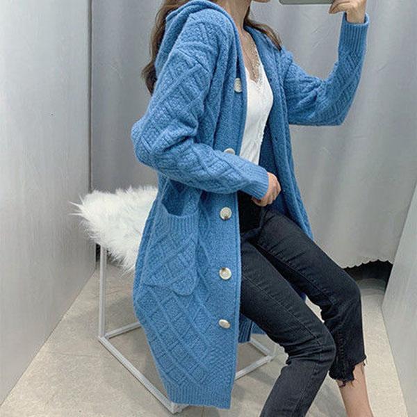 Autumn and Winter Knitted Cardigan Jacket Mid-length Over The Knee Loose Hoodie Thick Casual Women's Top