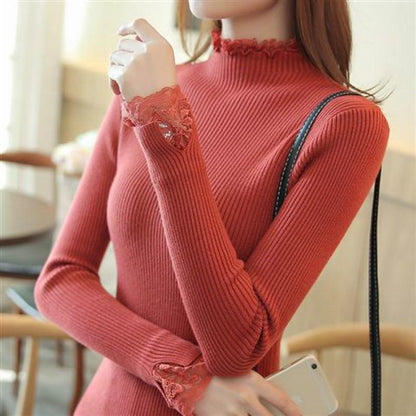 Pofulove autumn and winter sweater women's lace lace slim top long-sleeved pullover solid color base sweater women