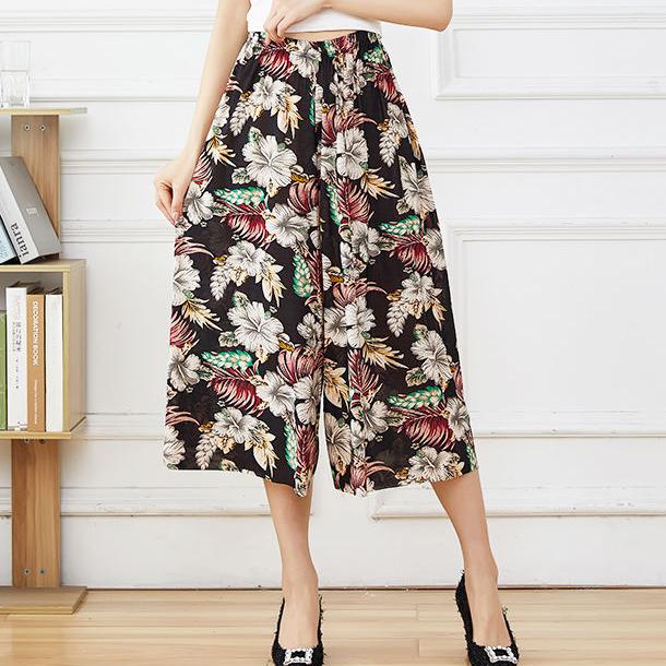 Women Summer Big Size High Waist Wide Leg Casual Culottes Loose Elastic Waist Floral Printed Thin Cropped Pants