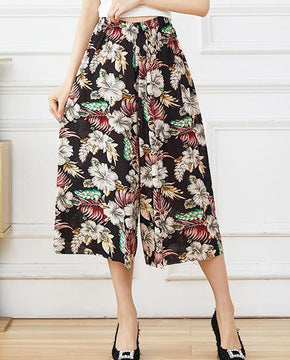 Women Summer Big Size High Waist Wide Leg Casual Culottes Loose Elastic Waist Floral Printed Thin Cropped Pants