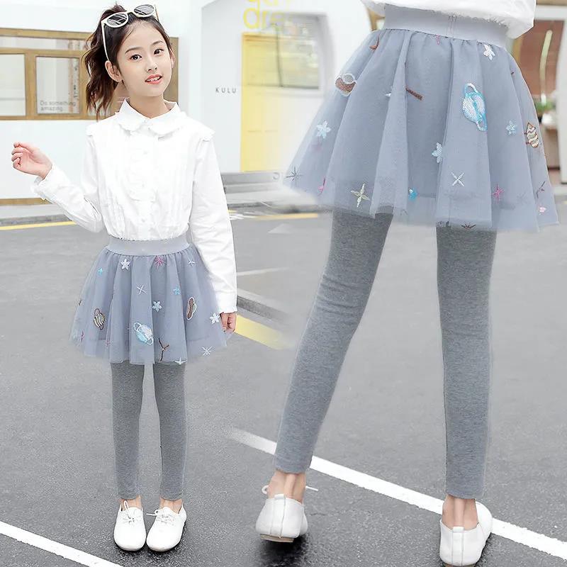 Girls' Leggings Spring and Autumn 2021 Middle and University Children Fake Two-piece Skirt Pants Outer Wear Pants