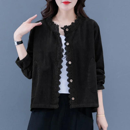 Spring and Autumn Loose Large Size Solid Color Retro Corduroy Lace Short Jacket Women's Casual