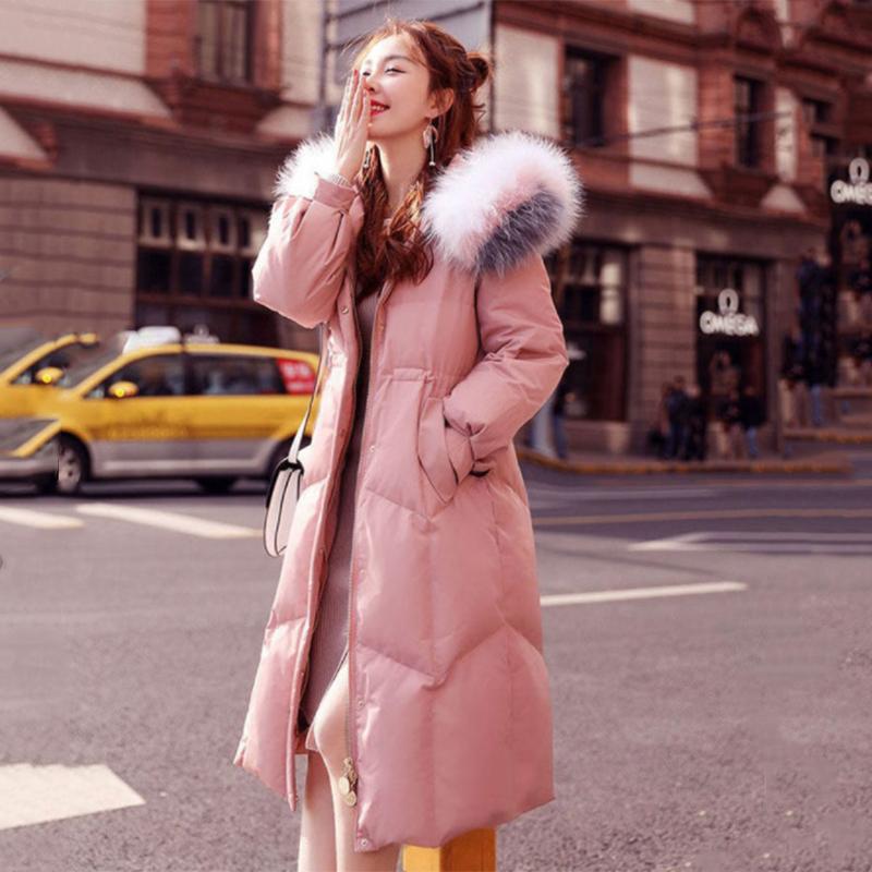 Women's Solid Color White Duck Down Jacket Mid-length Korean Style Loose Thick Coat Warm Cotton Coat with Big Fur Collar Winter Quilted Jacket