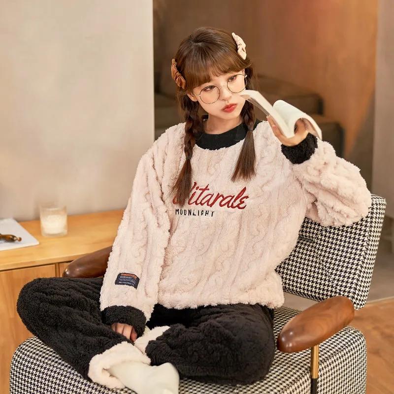 Women Cartoon Cute Pajamas Thick Warm Sleepwear Girls Home Nightwear Set Velvet Soft Crew Neck Pullover Top and Pants Suit