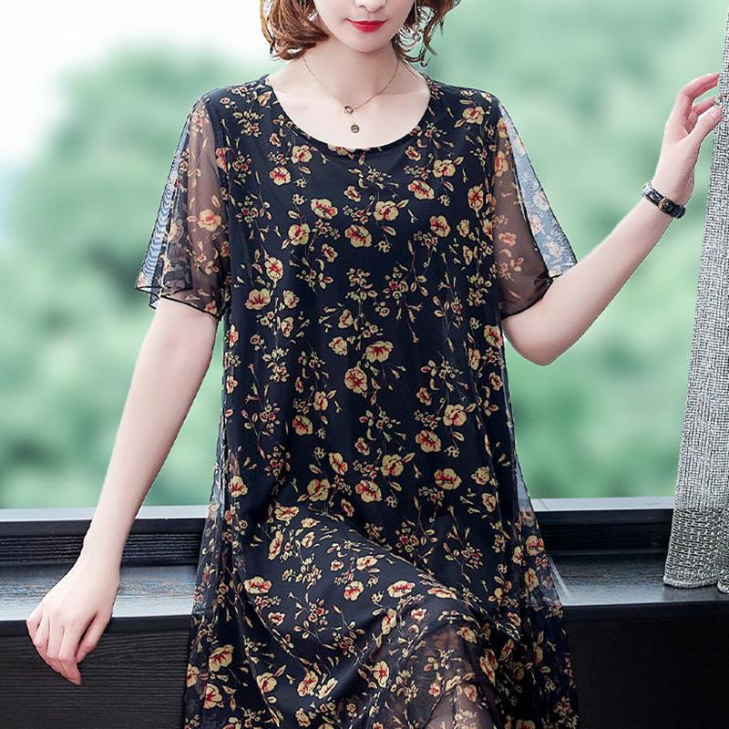 Large Size Short-sleeved Dress Women Summer Mid-length Round Neck Print Small Floral Comfort and Cool