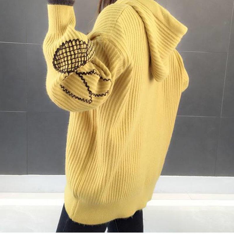 Women's Jacquard Hooded Pullover Loose-fitting Outer Wear Autumn and Winter Lantern Sleeve Sweater Jumper