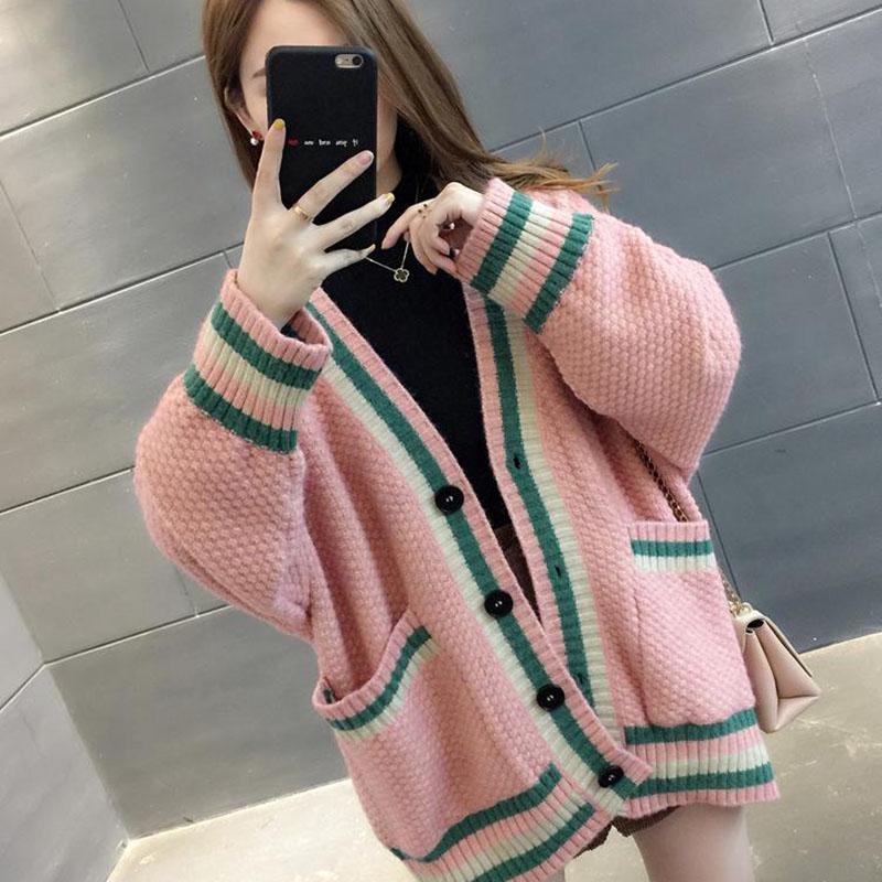 Autumn and Winter Knitted Casual Jacket Fashion Simple Cardigan Sweater Loose Green Striped Female Top