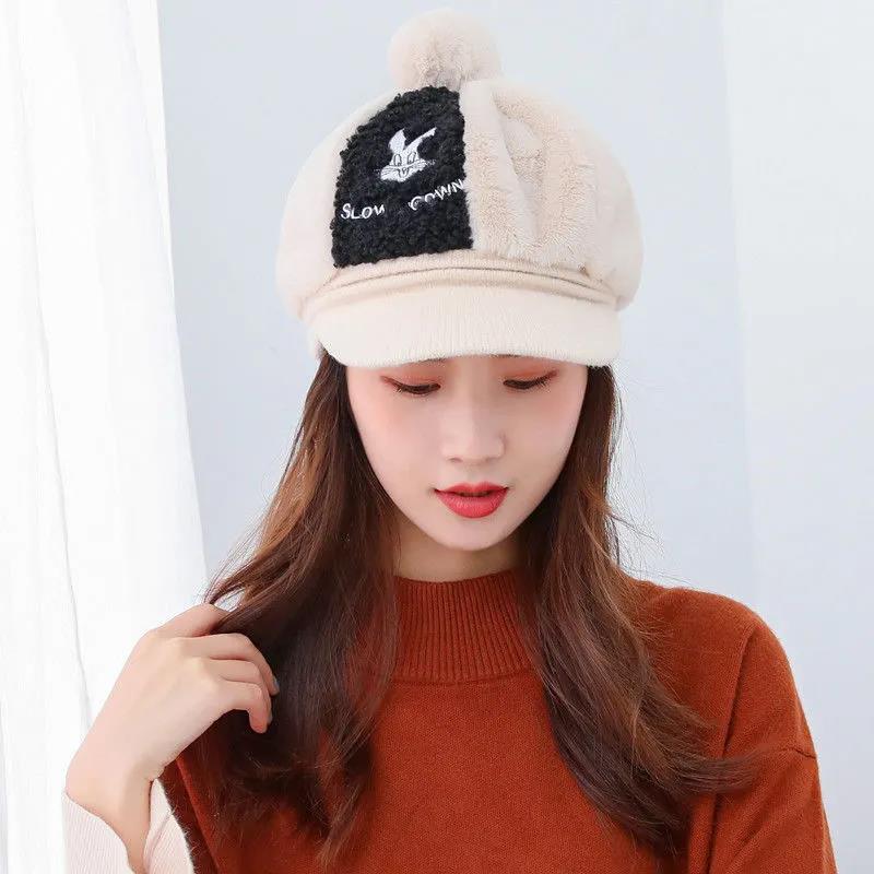 Winter Women's Hats Fashion Wild Embroidery Plush Hats Thick Warm and Windproof Caps