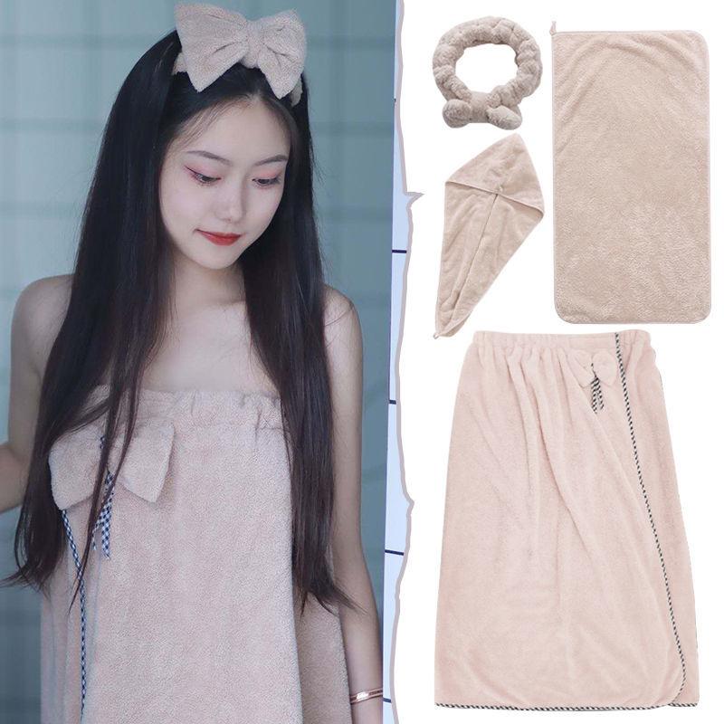 Skin-friendly Bath Towel Towel Dry Hair Cap Hair Band Four-piece Suit Absorbs Water and Does Not Shed Hair Can Wear Sexy Tube Top