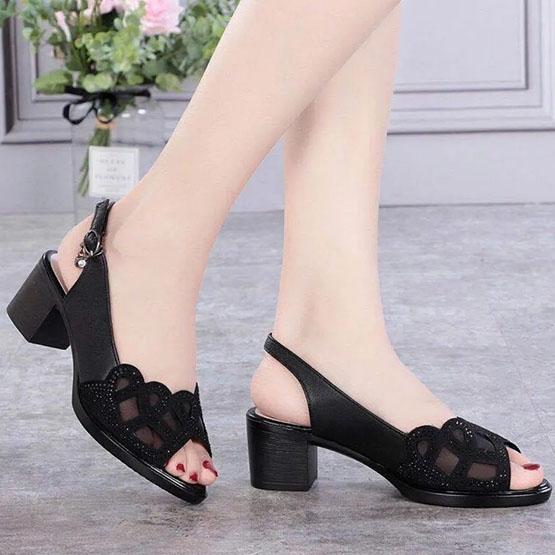 Women's Sandals Real Soft Leather Summer Mesh Fish Mouth Shoes Thick Heel Mid-heel Hollow Soft Sole Shoes