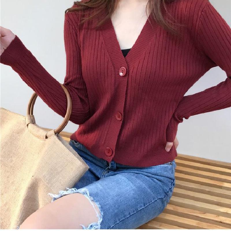 Core-spun Yarn Student Autumn Cardigan Sweater Women Knit Sweater Loose Button Coat Wild Vertical Stripes Long Sleeves