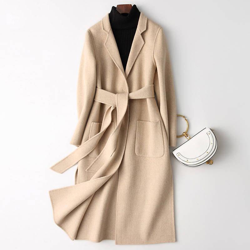 Women's Coat Fashion Wool Double-sided Cashmere Coat Woolen Overcoat Elegant Women Jacket with Belt