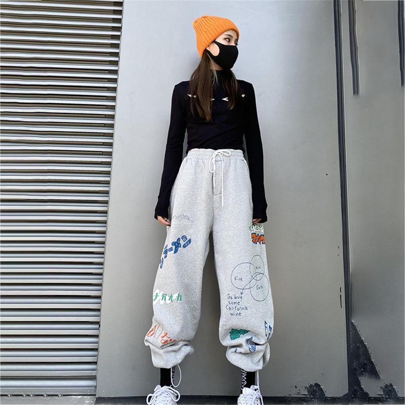 WTEMPO Hip-hop Style Graffiti Sport Pants Elastic Waist Joggers Casyal Women Long Sweatpants Loose Casual Baggy Trousers