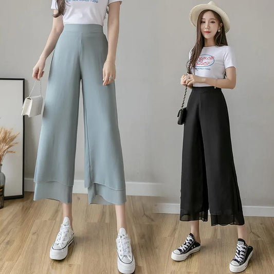 WTEMPO Solid Color Chiffon Wide-leg Pants Women Ruffle Loose High Waist Ankle-Length Pants Trousers Cool and Breathable