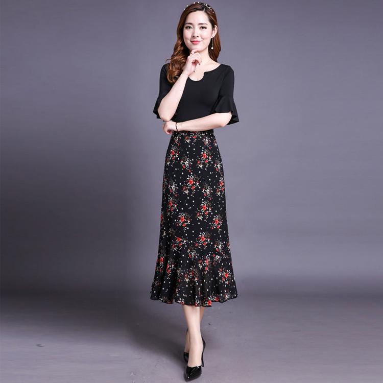 Women Fashion Florals Print Long Skirt Female Elastic High Waist Chiffon Casual Beach Skirts Summer