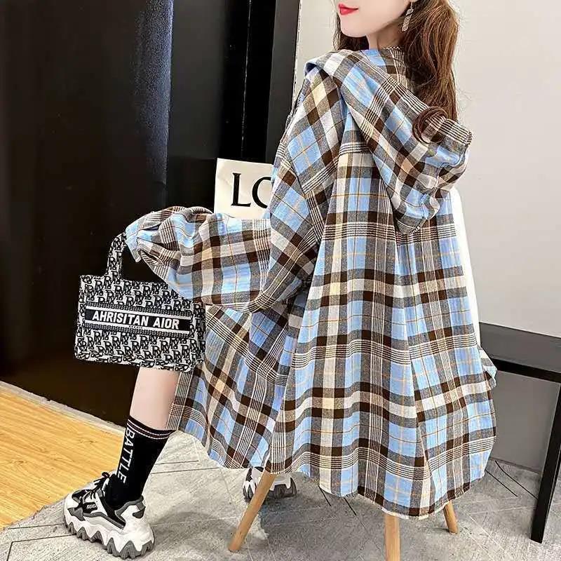 Women Plaid Shirt Retro Contrast Color Cotton Coat Casual Hooded Button Shirt for Youth