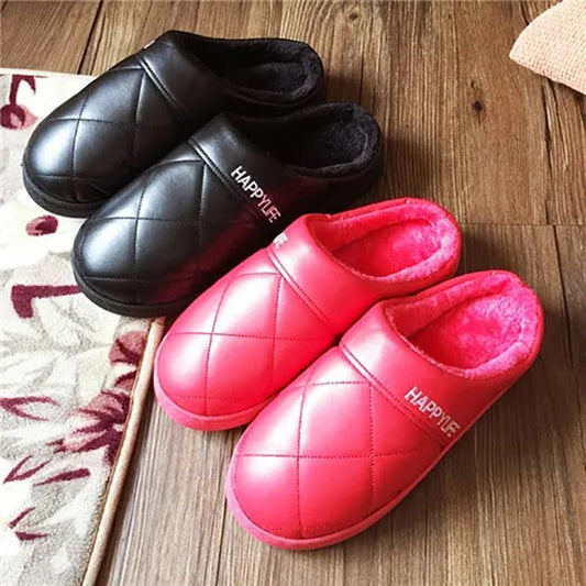 Winter Platform Slippers Women Leather Waterproof Plus Size Mens Thick Fleece Warm Cotton Shoes Home Indoor Casual Non Slip Slides  Winter Slipper