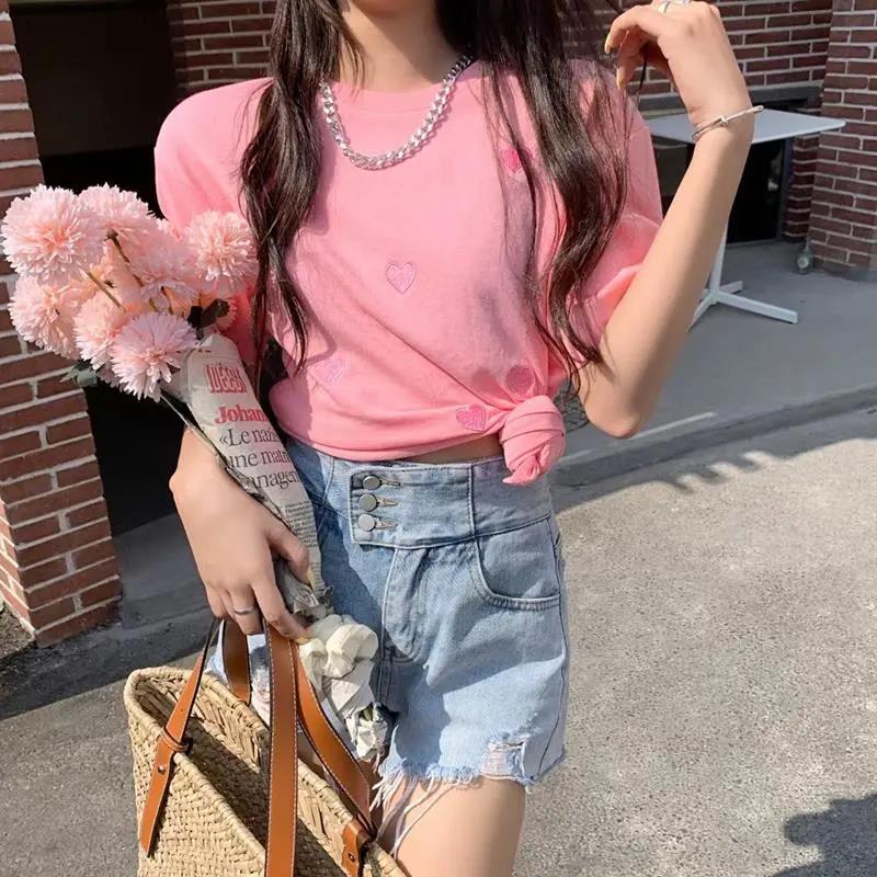 Cotton Women's Summer Round Collar  Tees Loose Breathable Love Embroidery Simple Short Sleeve Harajuku All-match T Shirt Tops