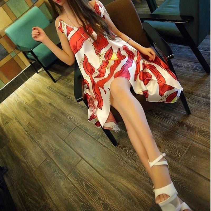 Summer Sexy Low-cut Printed Metal Strap Dress Off Shoulder Irregular Hem Asymmetric Dress