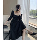 Black Dress Women's Long-sleeved French Retro Hepburn Style Square-neck Long Dress Gentle and Elegant Waist Slimming Square-neck Dress