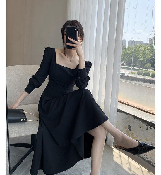 Black Dress Women's Long-sleeved French Retro Hepburn Style Square-neck Long Dress Gentle and Elegant Waist Slimming Square-neck Dress