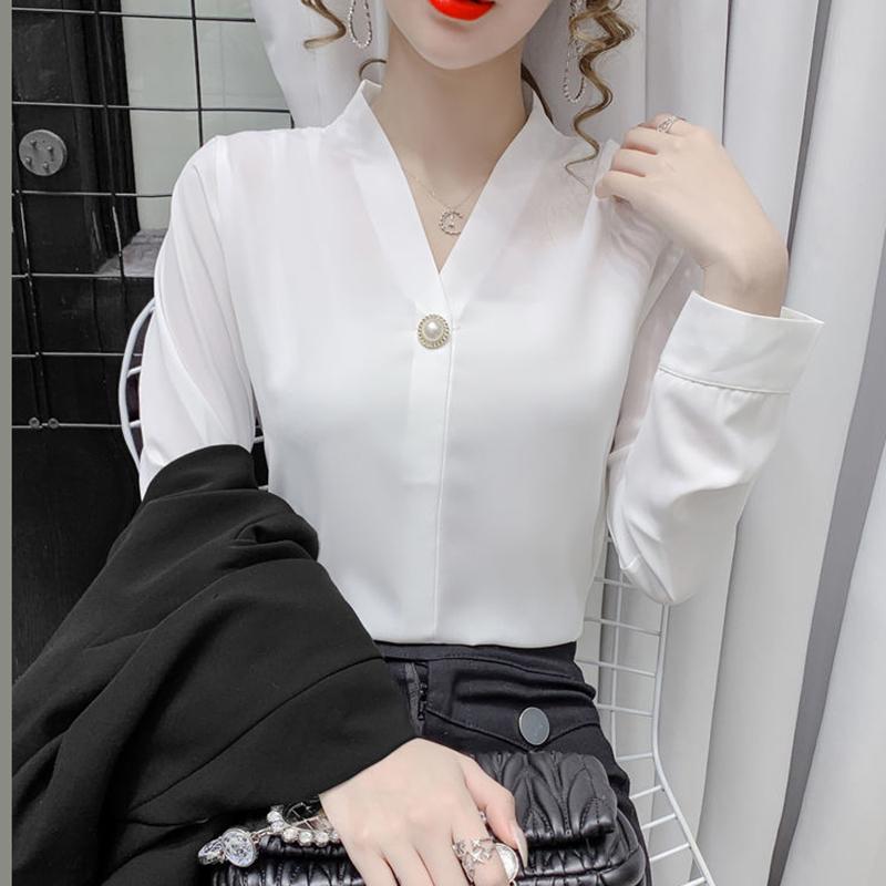 Long and Short-sleeved V-neck Blouses Women’s Shirts Niche Temperament Long-sleeved Shirts Work Clothes Shirts In Suits Soft Lightweight