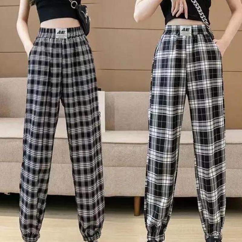 Thin Black and White Plaid Harem Pants Female Summer Korean Version Loose and Thin Student Harem Nine Points Casual Pants