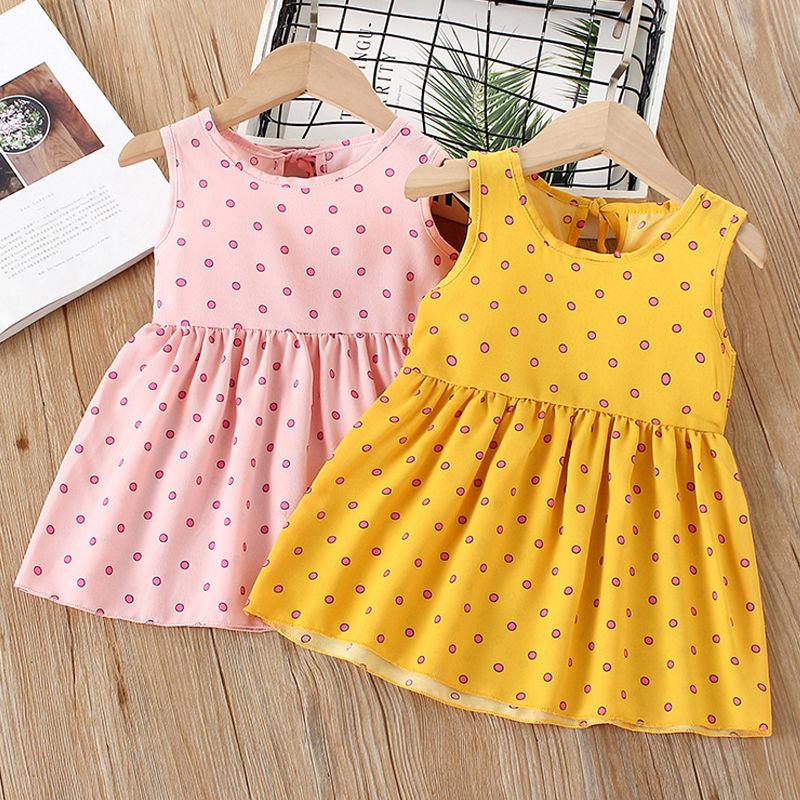 Summer Toddler Baby Kids Girls Sleeveless Ribbons Bow Dot Dress Princess Dresses Girls Clothing Kids Casual Dresses