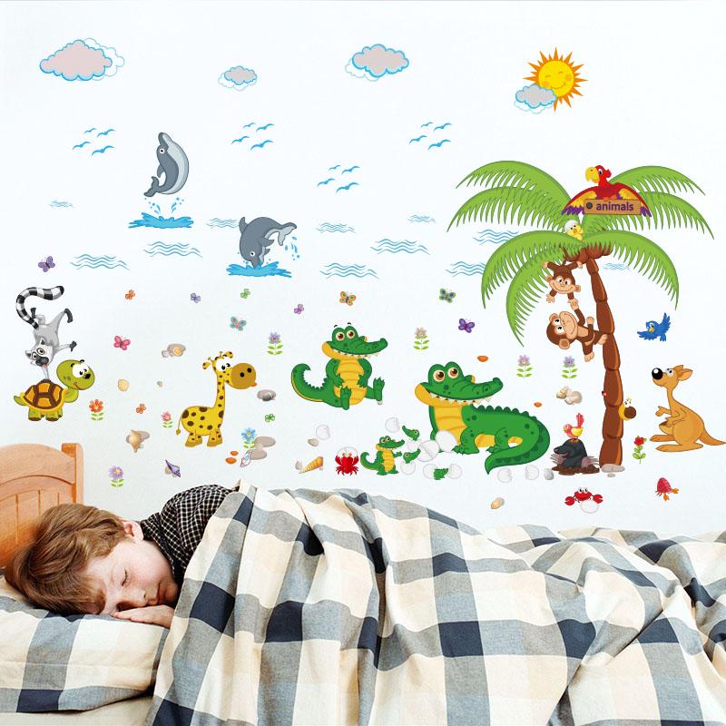 [sticker ]Cartoon Animals Wall Stickers For Kids Rooms Nursery Baby Bedroomwall Decals Crocodile Mo