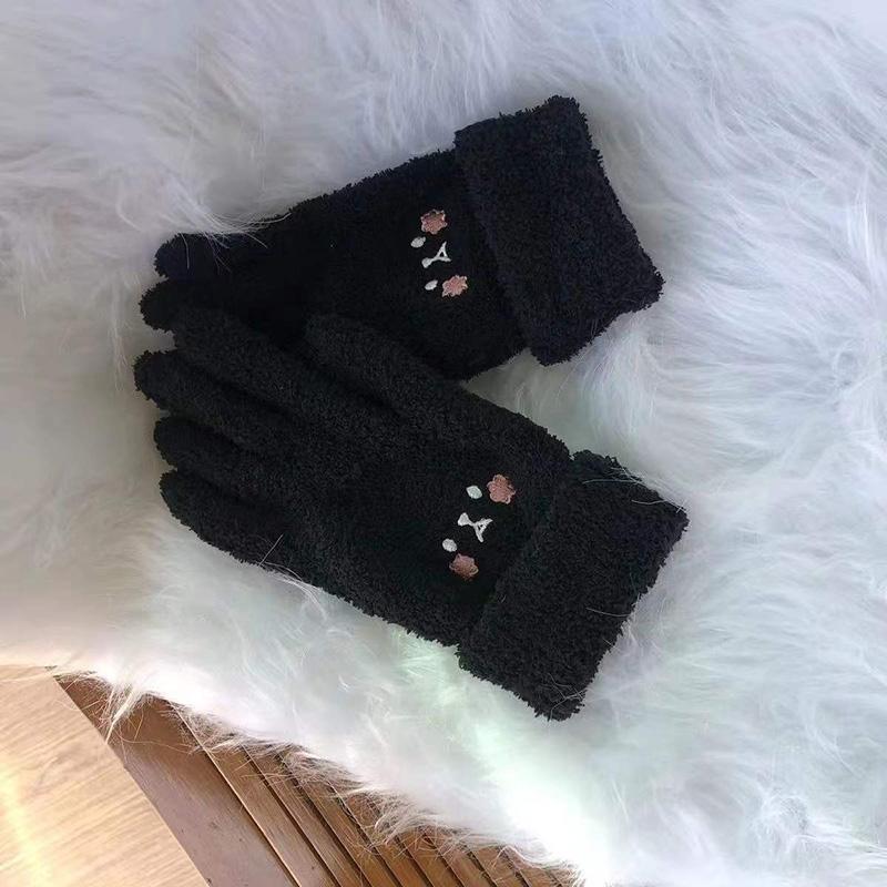 Women's Plush Cute Cartoon Gloves Winter Warm Plus Velvet Thick Embroidery Five Fingers Mittens Outdoor Cycling Cotton Gloves Windproof Soft Gloves