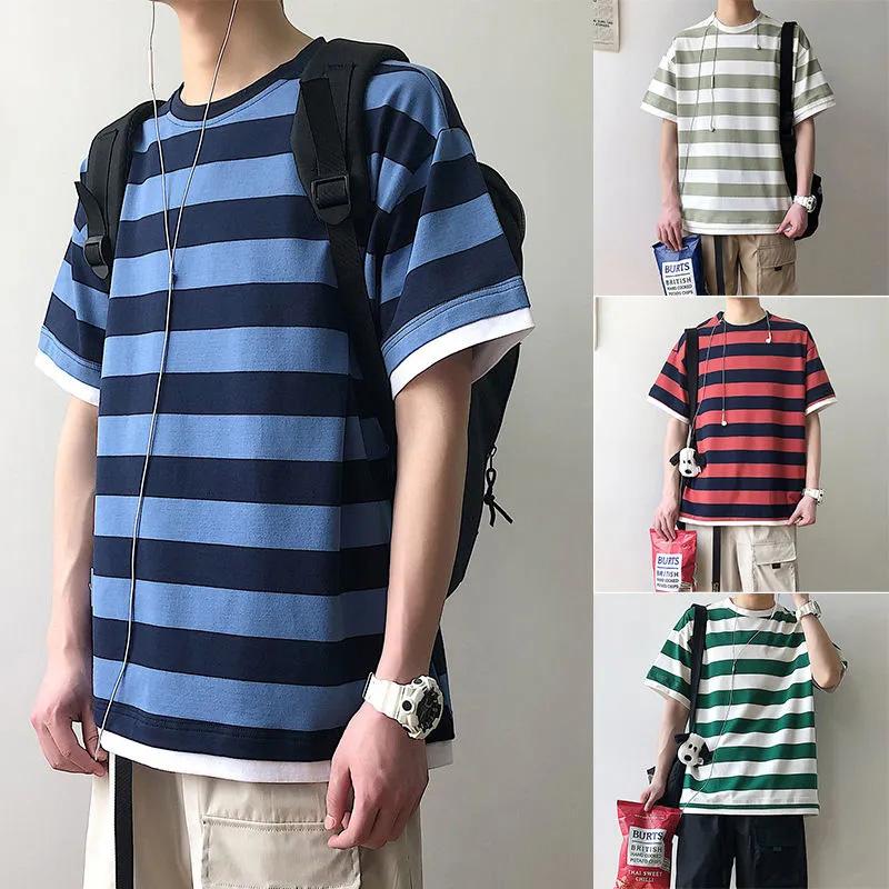 Five-point T-shirt Male Korean Version of The Youth Loose Boy Short-sleeved Trend Clothes Student Summer Striped Half-sleeved T-shirt