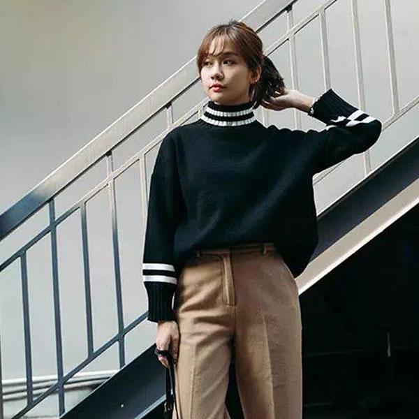 Autumn and Winter Half Turtleneck Sweater Loose Pullover Thick Coat Striped Pattern All-match Female Bottoming Shirt