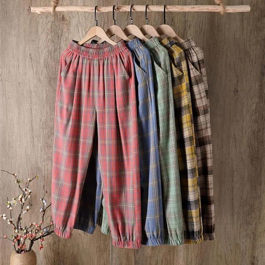 WTEMPO Plaid Pants Women Loose and Thin Elastic Waist Straight Casual Pants Size M-XXXXL