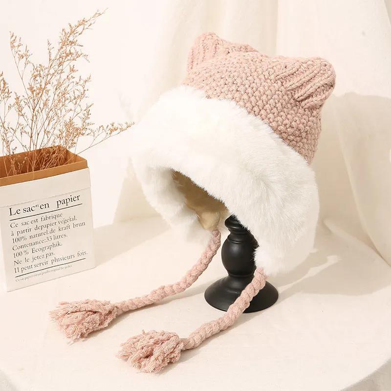 Winter Plush Knitted Hat Women's Cute Ear Thickened Woolen Hat Oversized Woolen Hat