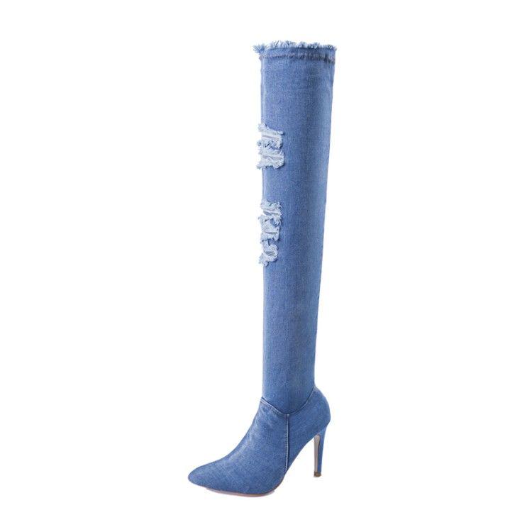 High Boots Female Pointed High-heeled Hole Denim Skinny Legs Over The Knee Boots Single Boots 35-42