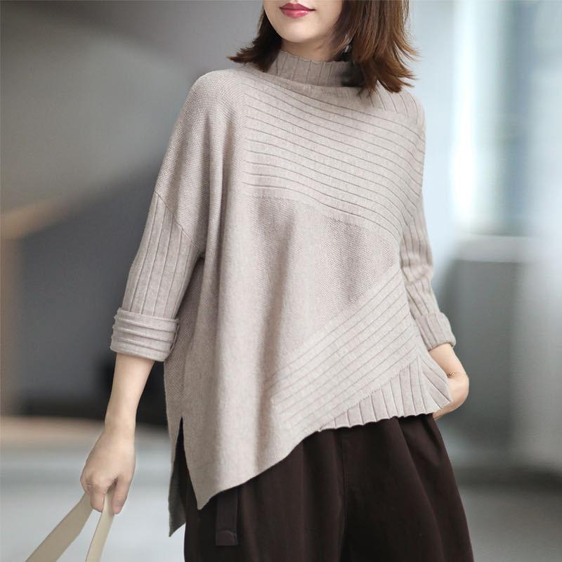 Spring and Autumn Half High Neck Knitted Sweater Loose Wild Pullover Pure Color Simple Female Sweater