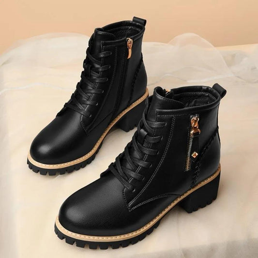 Size 35-40Soft Leather Martin Boots Women Autumn and Winter All-match Thick-soled Plus Velvet Warm Motorcycle Boots Women's Boots