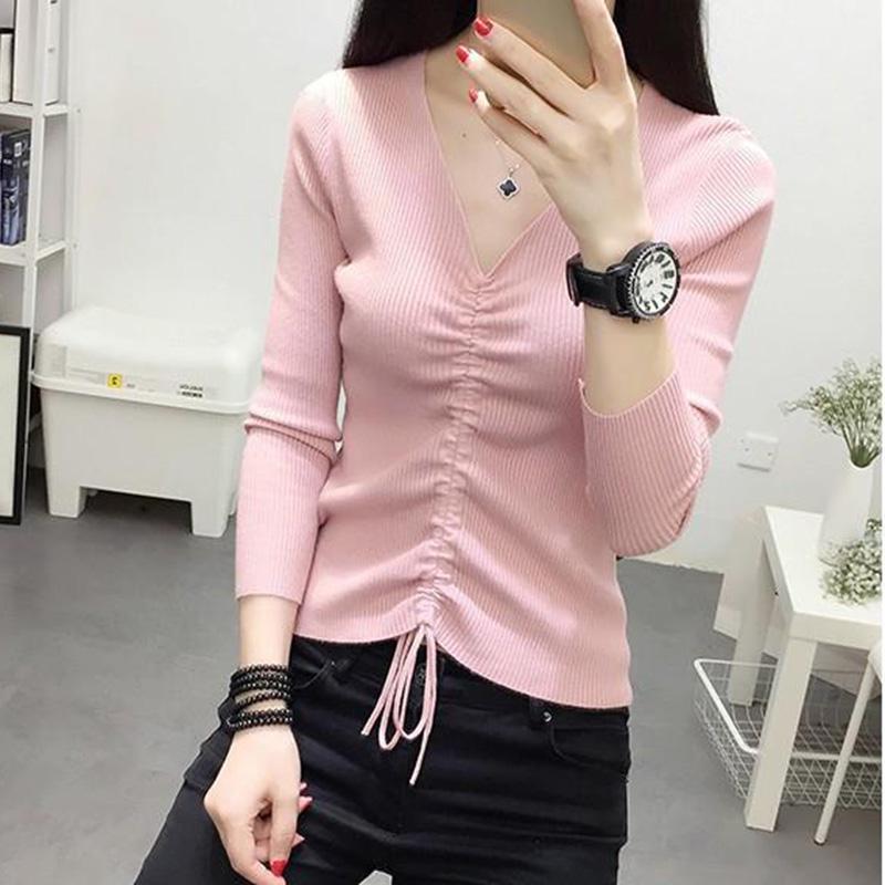 All-match Autumn and Winter V-neck Woolen Sweater Slim Slimming Long-sleeved Knitted Bottoming Shirt Top Pullover Sweater Women