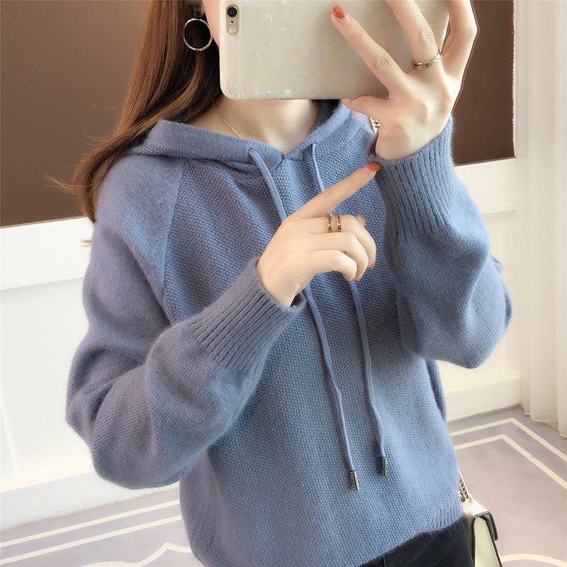 Spring and Autumn Hooded Jacket Loose Short Knitted Sweater Solid Color Long Sleeve Women's Top