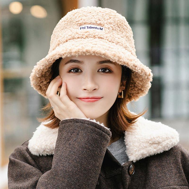 Women Hat Autumn and Winter All-match Lamb Wool Fisherman Hat Round Face Thinner Thick Bucket Hat Fashion Warmth Out Hat Adjustable Size